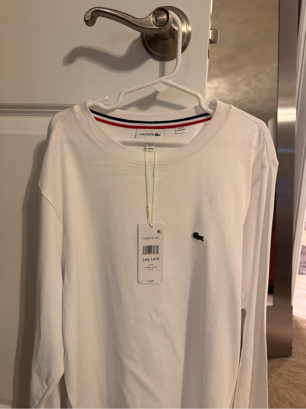 Boys Lacoste White Long-Sleeve Crew with Embroidered Crocodile
